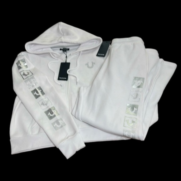 True Religion White Hoodie and Joggers Set Front zip with silver